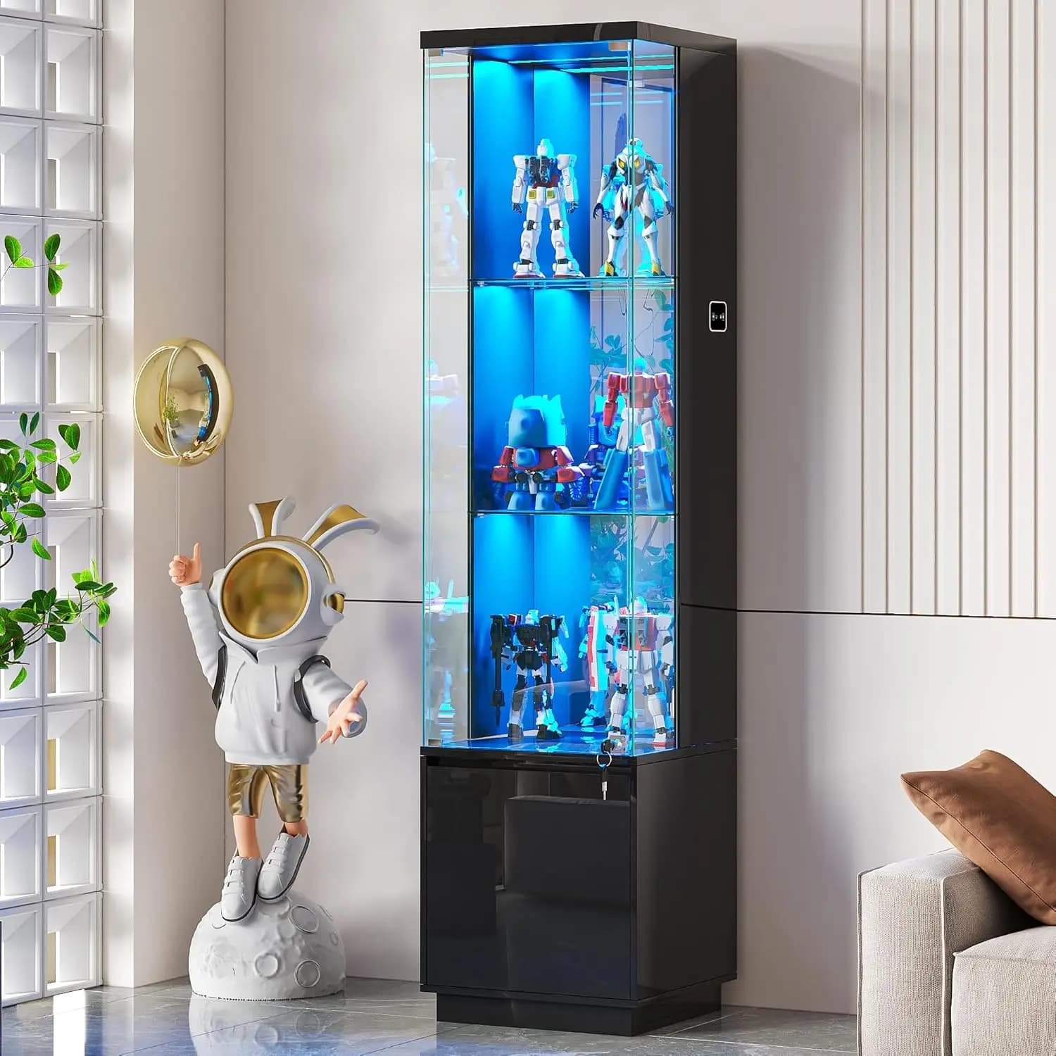 Vetrina con serratura da 65 pollici con porta in vetro, luci LED a 3 colori e sensore di movimento per oggetti da collezione, nera