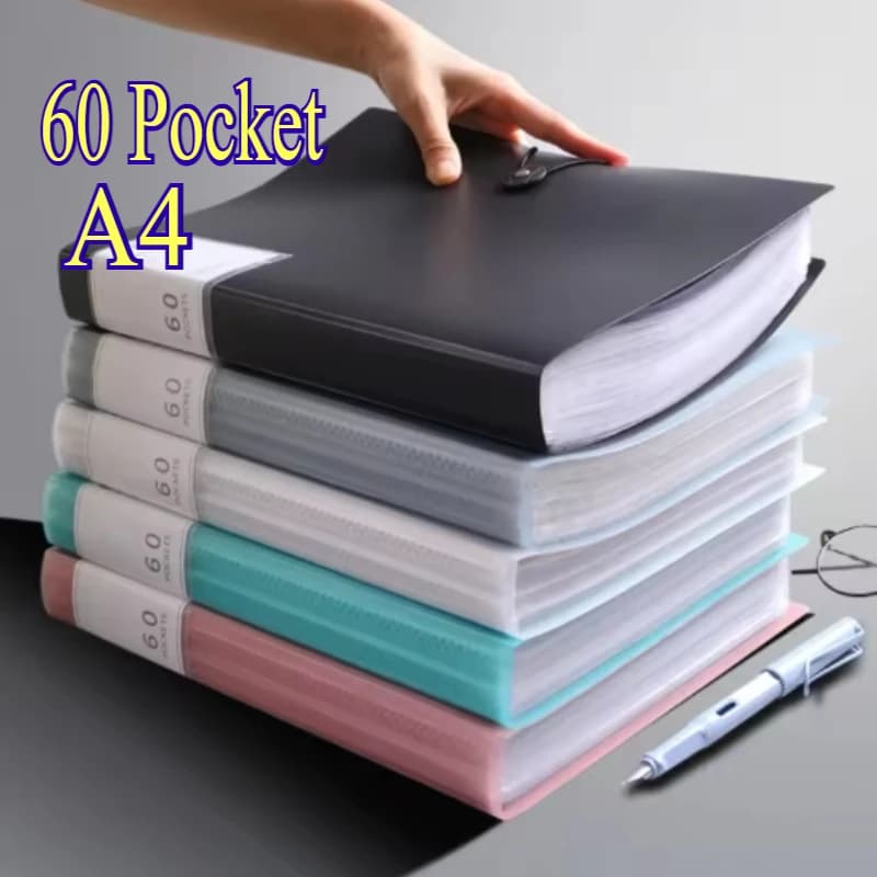 Cartella portadocumenti A4 a 60 tasche, adatta per documenti e documenti in formato A4, materiale PP, alta trasparenza e impermeabile
