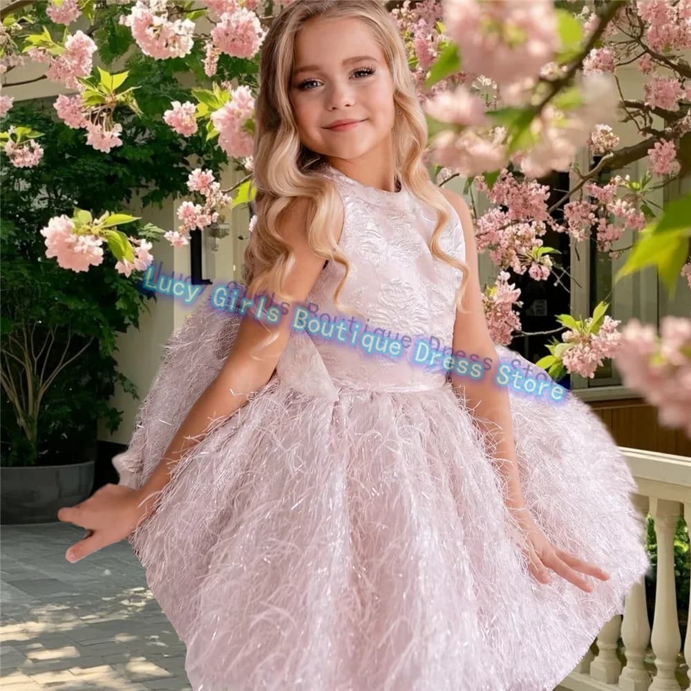 Bella piccola principessa Flower Girl Dress Piume di peluche rosa per abiti da ballo da sposa Abiti da sera per feste di compleanno per bambini