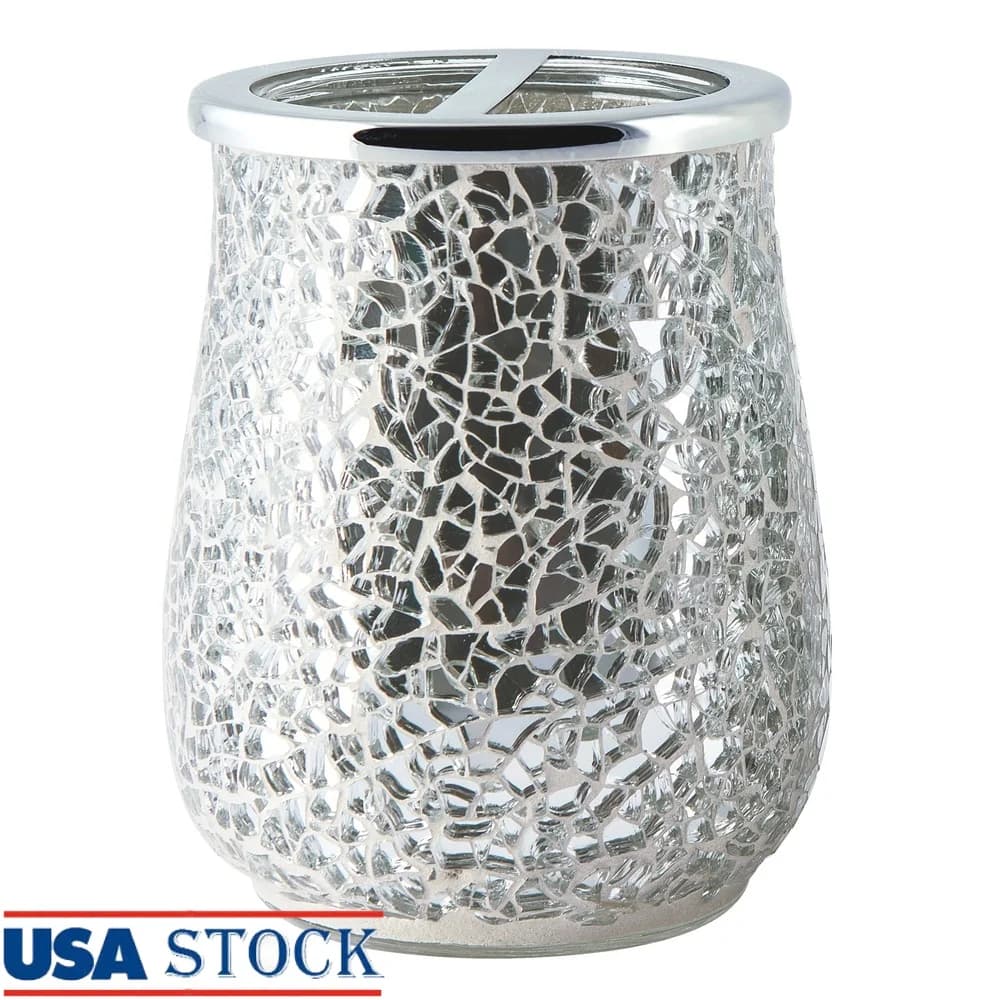 Elegante portaspazzolino in vetro a mosaico argento, design a specchio lucido con coperchio in metallo, organizer da bagno, solo lavaggio a mano