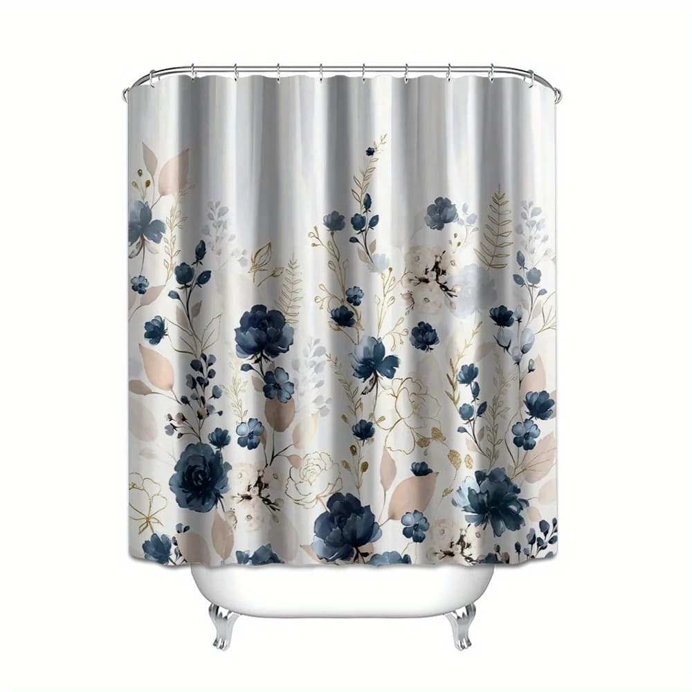 1 pezzo di tenda da doccia in poliestere impermeabile con stampa digitale floreale blu, nessuna perforazione richiesta, tenda divisoria per il bagno.