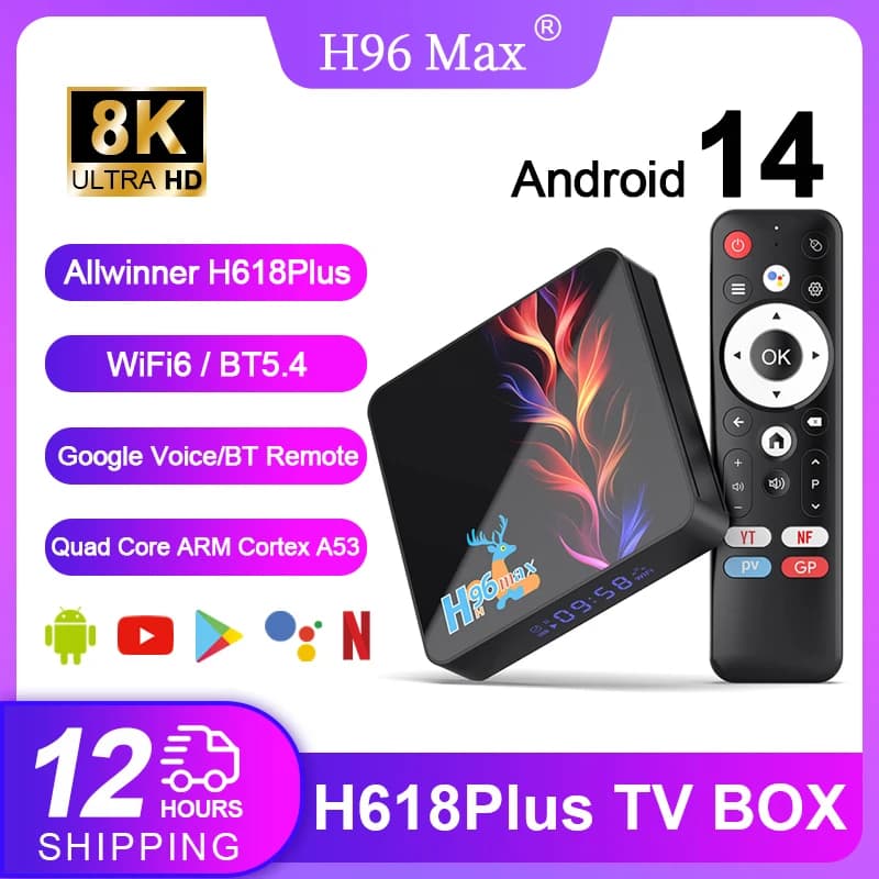 H96 MAX H618 Plus Android 14 TV Box 4K@60FPS 8K UHD Output WiFi6 BT5.4 Set Top Box with Google Voice Control android tv boxes