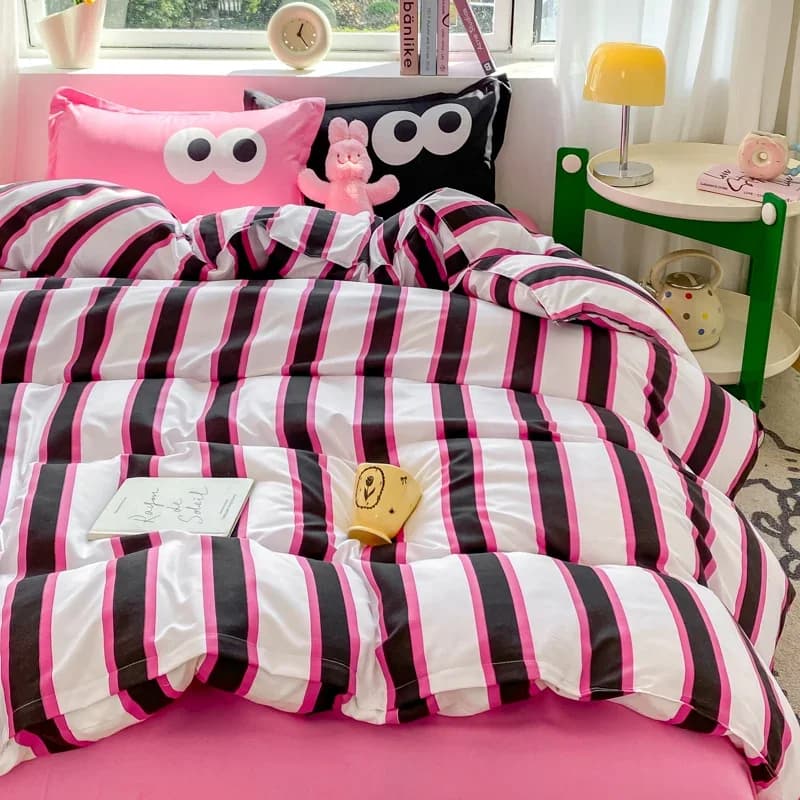Nordic INS Nero Rosa Stampa a strisce Copripiumino e lenzuolo 150 Set biancheria da letto Set piumino singolo matrimoniale Queen per adulti 200x230 cm