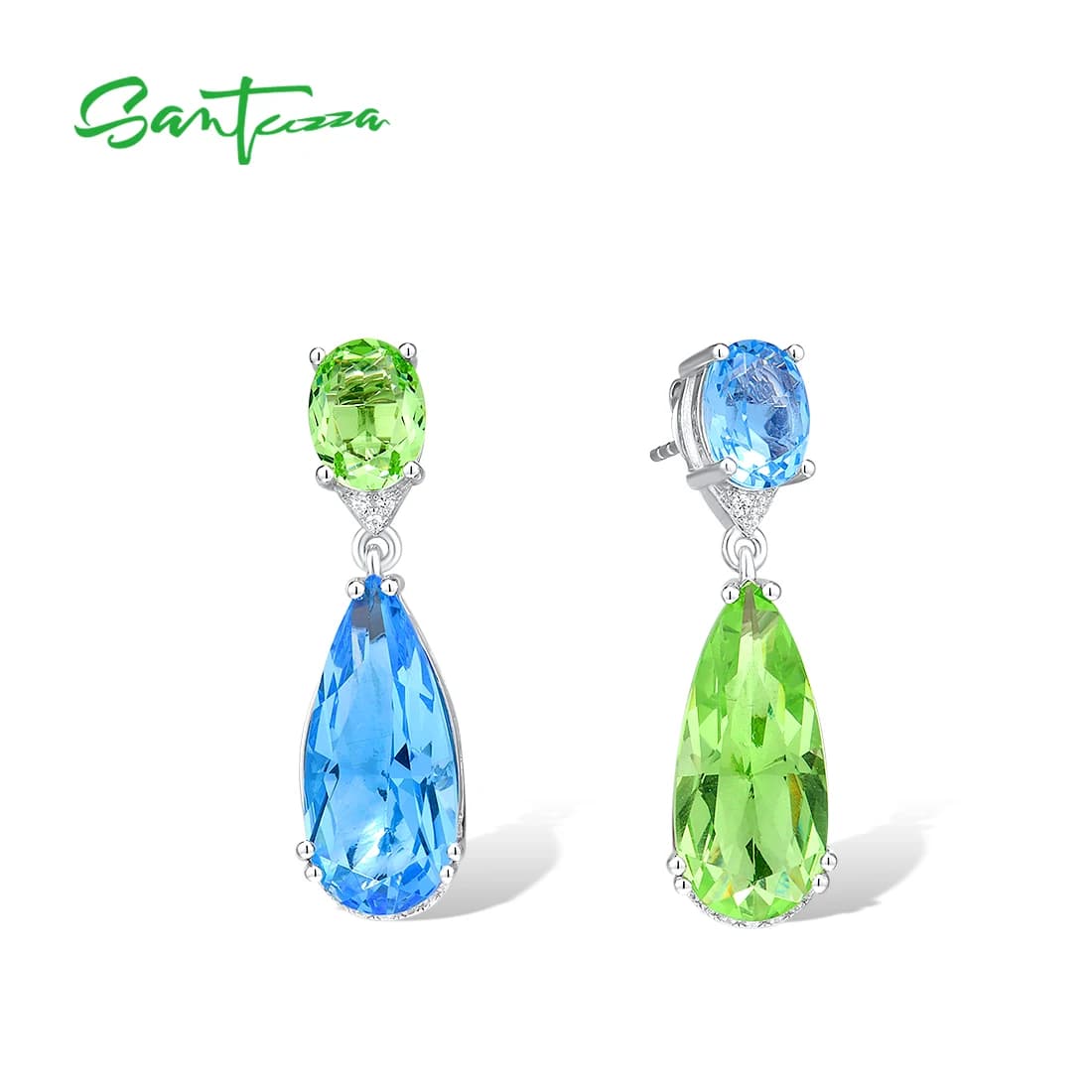 SANTUZZA 925 Sterling Silver Real Earrings for Women Blue and Green Stone Delicate Wedding Anniversary Gifts
