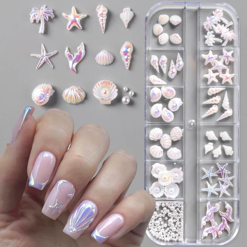 Decorazioni per Unghie 3D Aurora Ocean, Design con Conchiglie, Stelle Marine, Code di Sirena, Alberi di Cocco, Effetto Neon Y2K, Decorazioni Estive per Nail Art