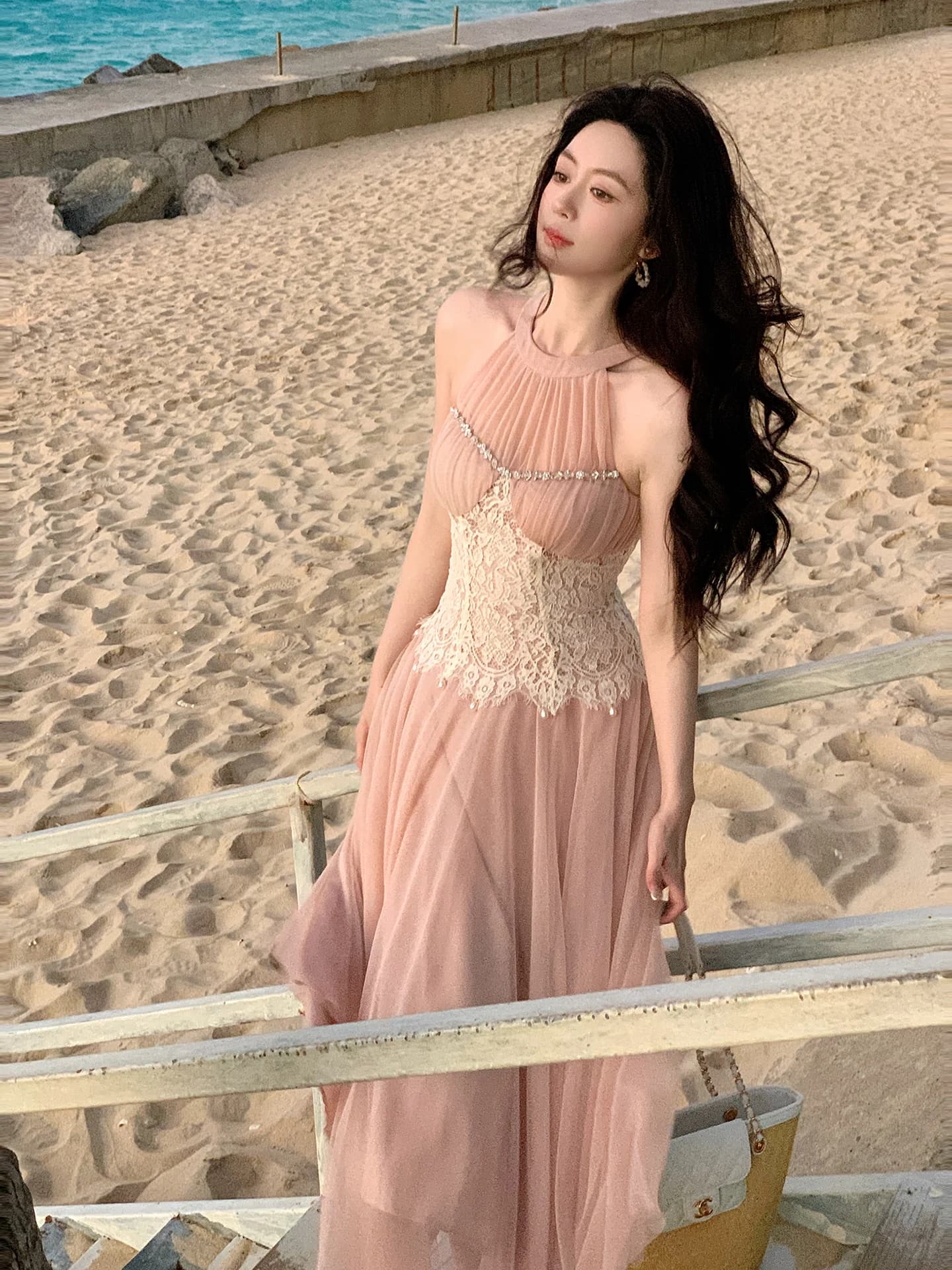 Good Job Snow Cheese Girl Abito da festa in tulle rosa con pizzo e diamanti incastonati, con scollo all'americana, stile francese, vita arricciata, linea ad A