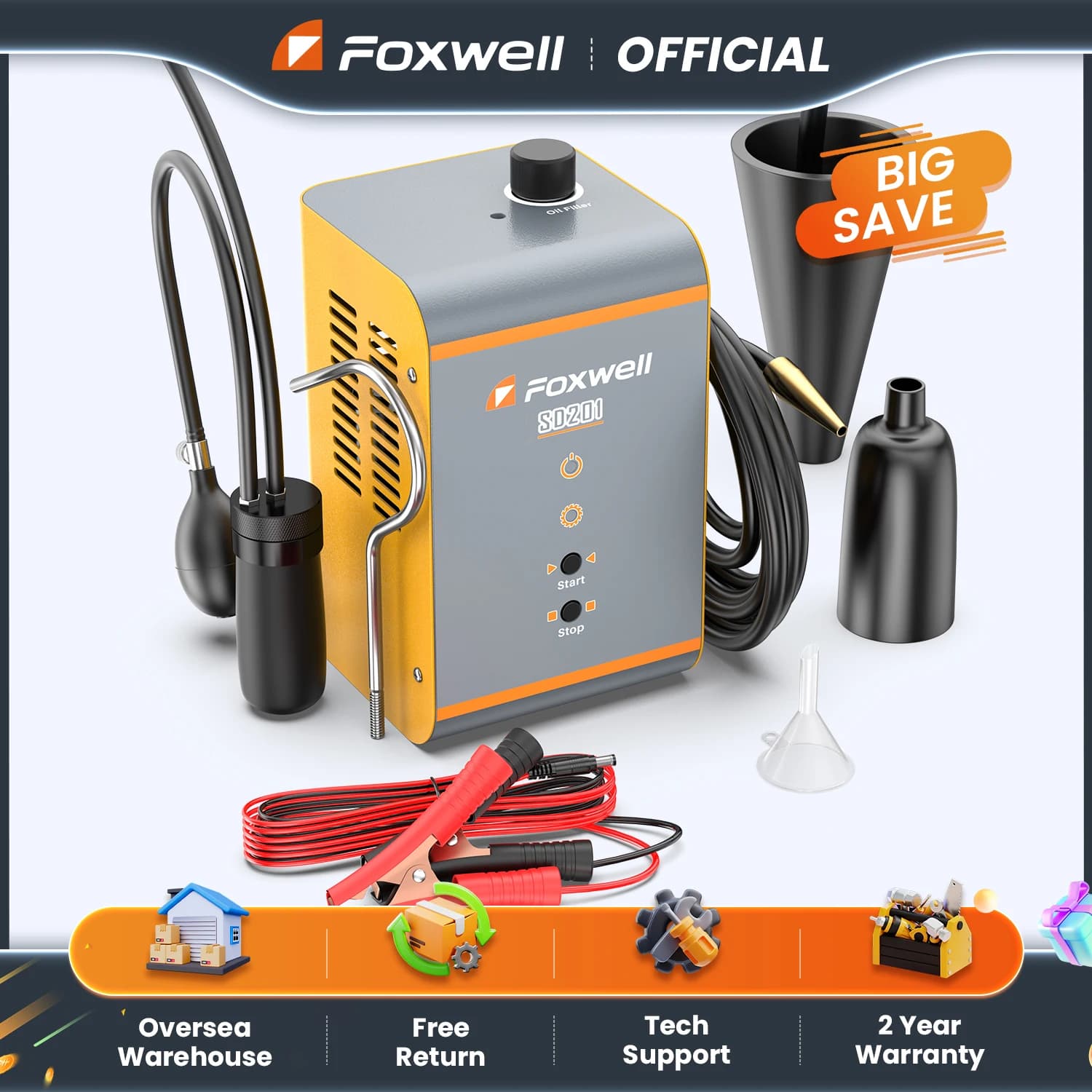 FOXWELL SD201 Rilevatore di perdite di fumo per auto 12V con pompa ad aria integrata, macchina per il test di vuoto e perdite EVAP, strumento per il test di perdite del sistema di alimentazione a carburante