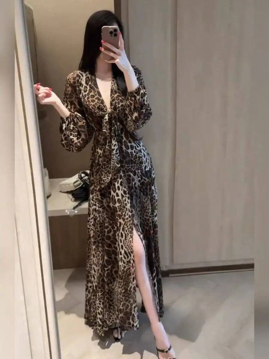 plus Size 300 Pounds Retro Leopard Print Mesh Splice Long Dress Women's Spring Autumn Waist Cinching Skirt Sexy A-Line Dress
