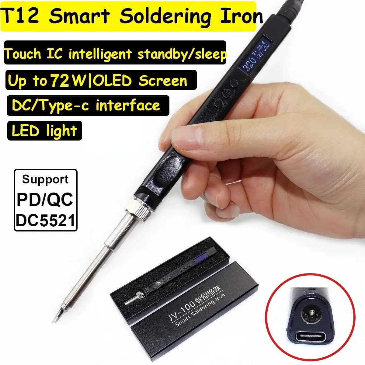 T12 OLED Mini Electric Soldering Iron Kit PD 65W Repair Tool Adjustable Temperature Portable Solder Welding Station Heat Pencil