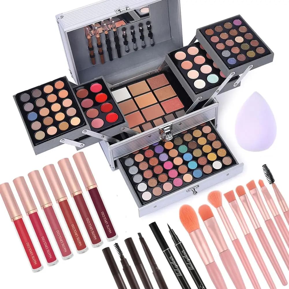Kit Trucco Tutto in Uno con Ombretto, Lucidalabbra, Correttore, Blush, Contouring, Illuminante, Pennelli, Rossetti Liquidi, Matita Sopracciglia, Mascara