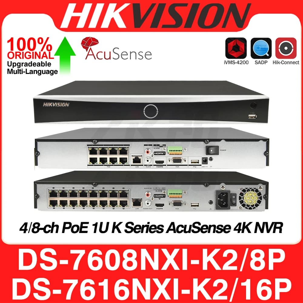 Hikvision DS-7608NXI-K2/8P DS-7616NXI-K2/16P 8/16CH POE AcuSense 4K NVR 2 sata AI tramite fotocamera/dispositivo MD2.0 videoregistratore di rete