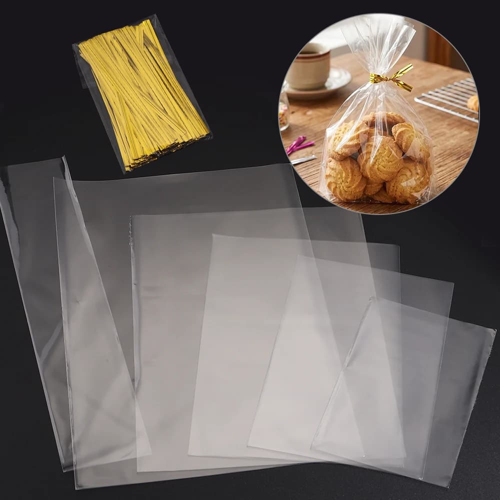 1set Food Packaging Bag 100Pcs Transparent Flat Pockets and Gold Cable Ties for Candy Gift Wrapping Wedding Birthday Party Decor