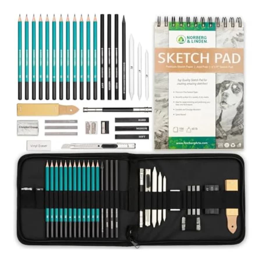 XL Drawing Set - Sketching, Graphite and Charcoal Pencils. Includes 100 Page Drawing Pad, Kneaded Eraser, Blending Stump. Art K