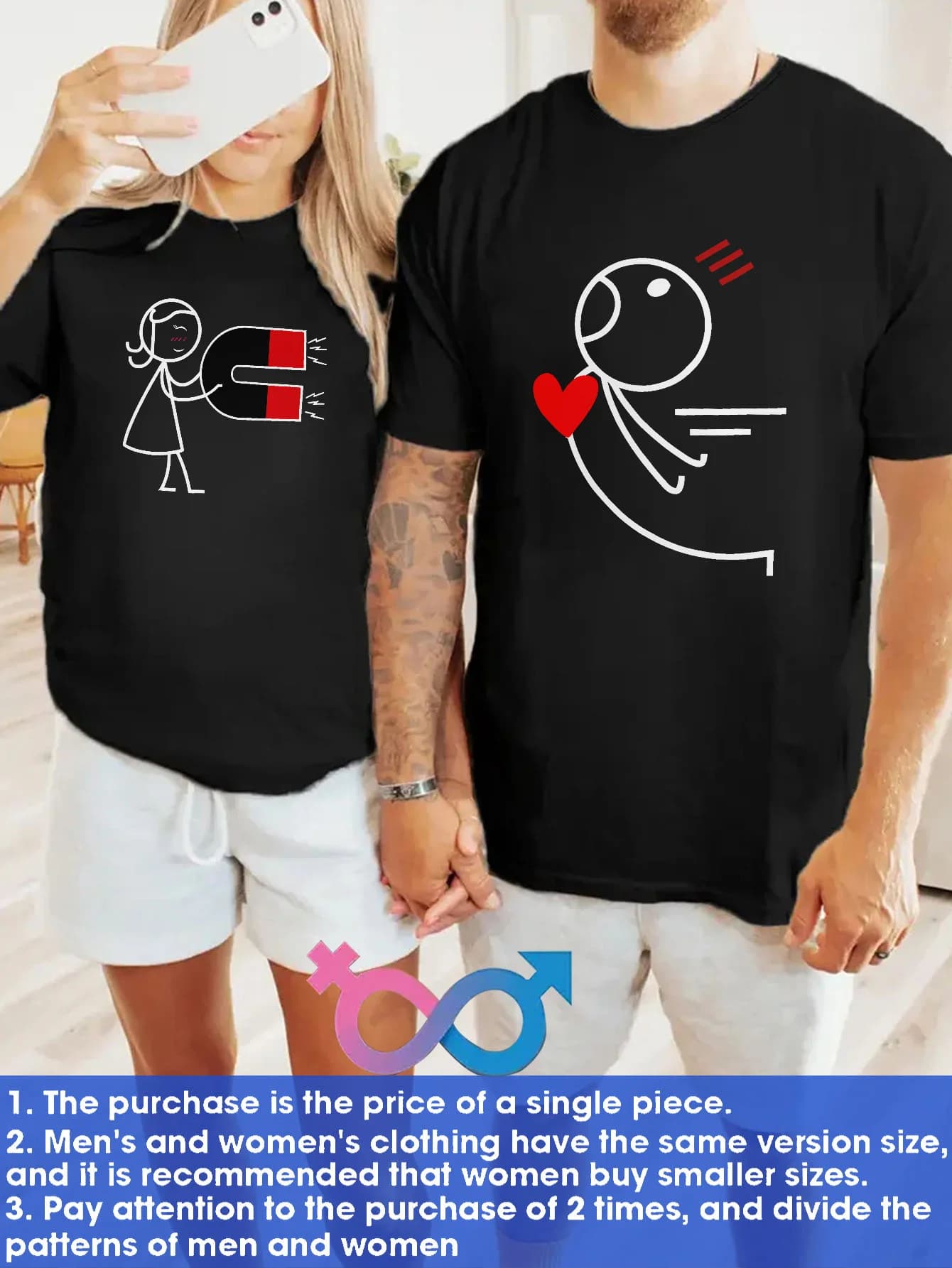 1 coppia romantica con maglietta stampata a maniche corte, stampata con motivo magnetico che assorbe l'amore Abbigliamento per San Valentino