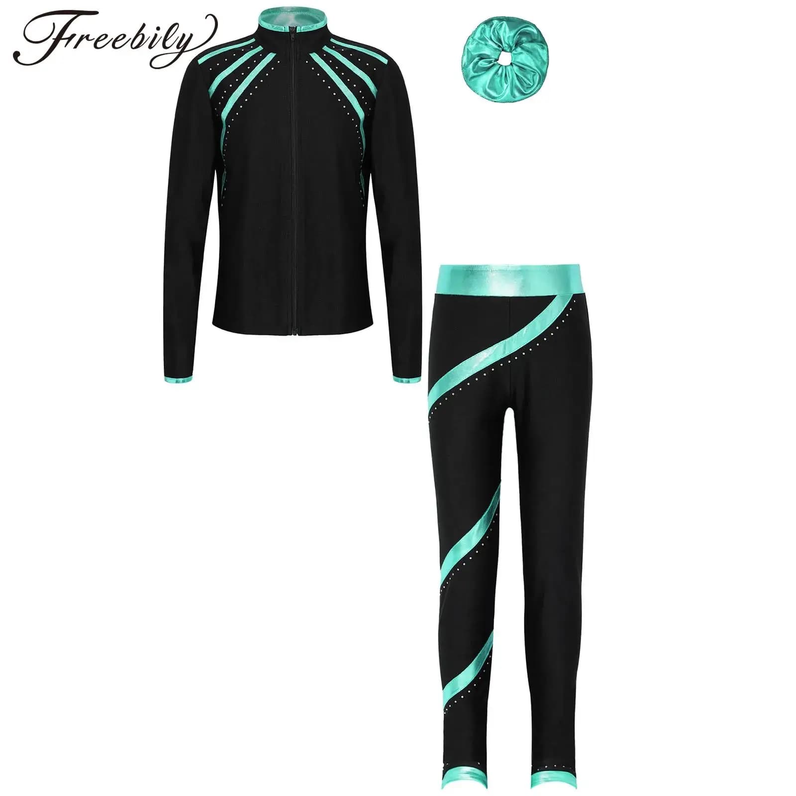 Set di giacche da pattinaggio di figura per ragazze per bambini, pantaloni da pattinaggio su ghiaccio con cristalli, leggings per competizioni di allenamento pratico