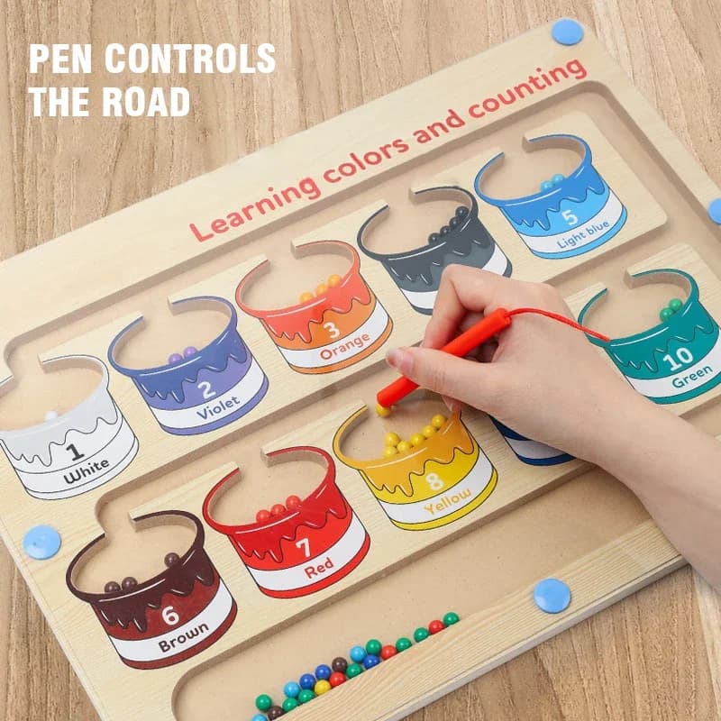 Magnetic Pen Controls Moving Bead Board Game Wooden Color Sorting Maze Toddler Toy Number Matching Counting Preschool Activity