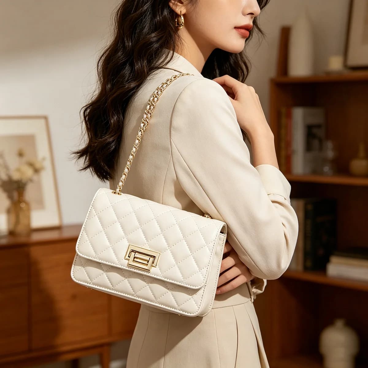 FOXER 2026 Borsa a Tracolla Trapuntata Bianca da Donna, Borsa a Spalla di Lusso in Pelle con Catena, Borsa a Patta Quadrata alla Moda per Occasioni Casual e Feste