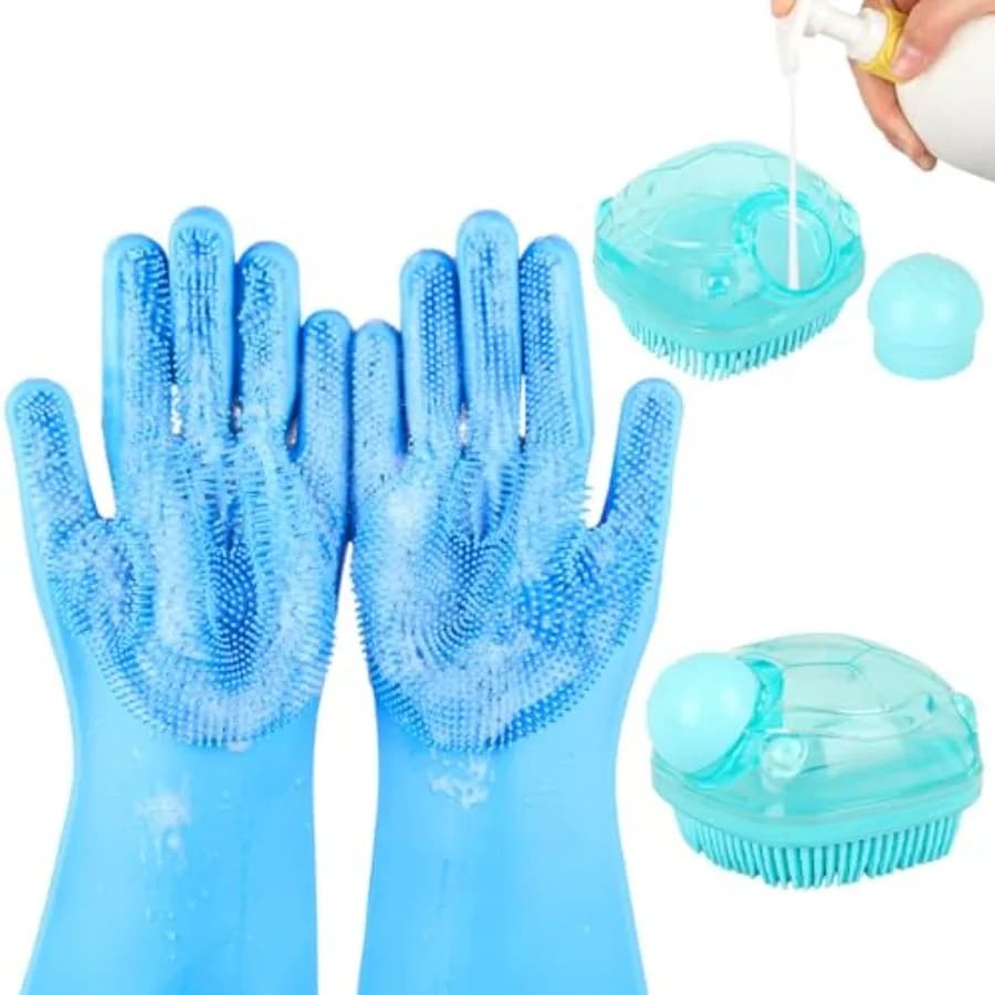 2 guanti per il lavaggio del cane e spazzola per shampoo, spazzola per il bagno del cane con possibilità di aggiungere shampoo, accessori per il bagno del cane, set per il bagno di cani e gatti
