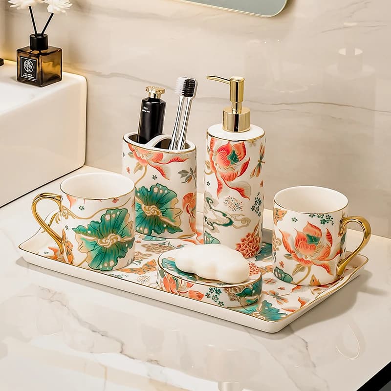 Set da bagno in ceramica di lusso Porta spazzolino per hotel e casa Tazze resistenti alle chip per prodotti da bagno Porta spazzolino per coppia