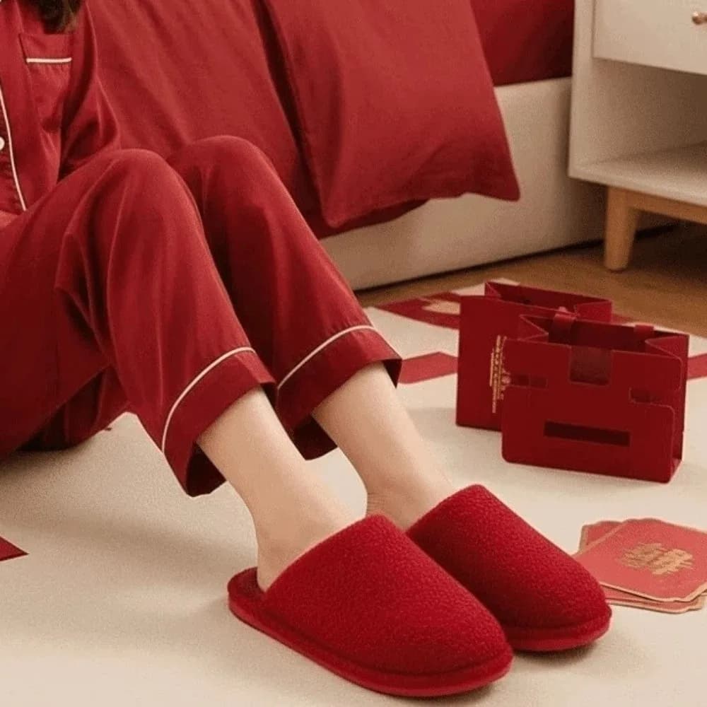 Home Shoes Soft Slippers for New Year's Eve Red Cotton Slippers PVC Thickness Cotton Shoes for Home Solid Color Newborn