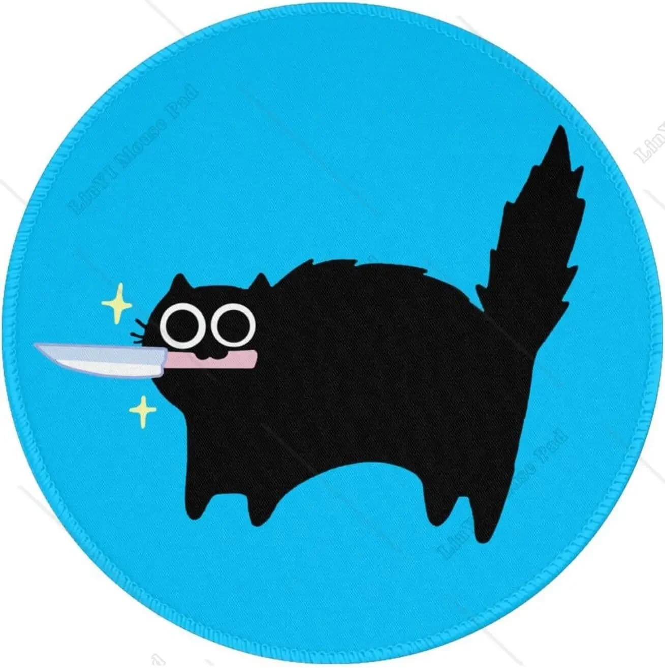 Black cat with knife Nice round mouse mat with rubber base anti-slip edge sewn for mouse, office, home games, 7.9 inch work