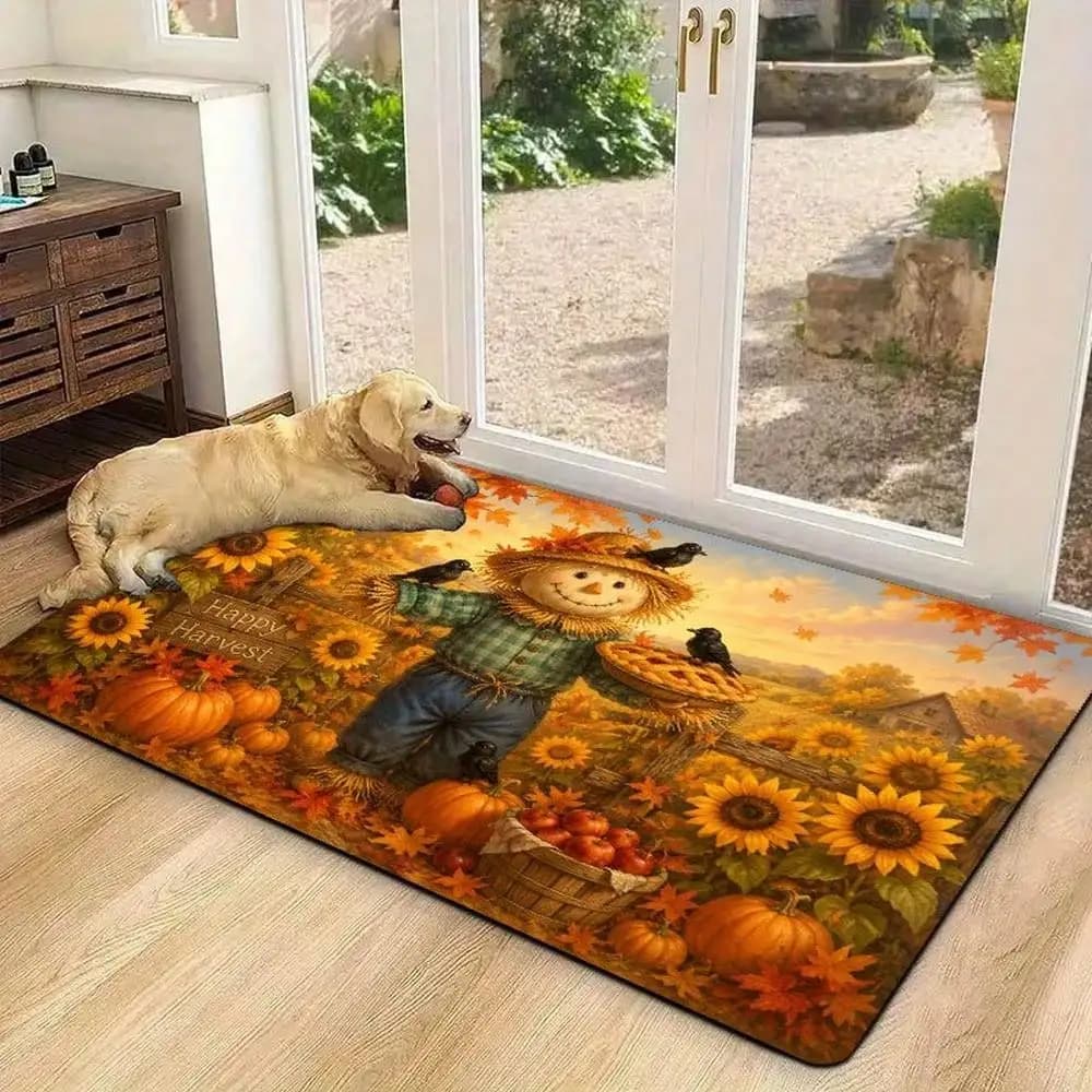 1pc Scarecrow Sunflower Harvest Suitable For Thanksgiving, Rustic Farmhouse Indoor Welcome Mat With Non-Slip PVC Backing, Soft Machine-Washable Carpet Suitable For Door, Entryway,,,