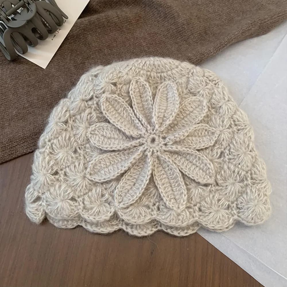 Cute Handmade Crochet Flower Hat Thin Bohemian Style Hollow Out Knitted Hat Ethnic Style Korean Weave Cap Apparel Accessories