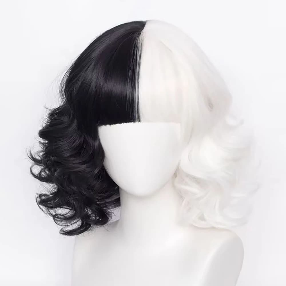 Halloween Everyday Party Heat-Resistant Synthetic Fiber Wig Short Curly Black-and-White Cruella the Witch Character Wig