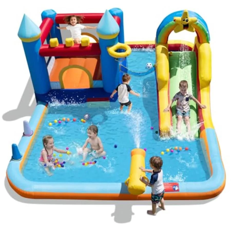 Scivolo d'Acqua Gonfiabile con Castello Gonfiabile, Parete da Arrampicata, Piscina, Canestro da Basket, Pallavolo, Calcio, Cannone ad Acqua - Combo Acquatico