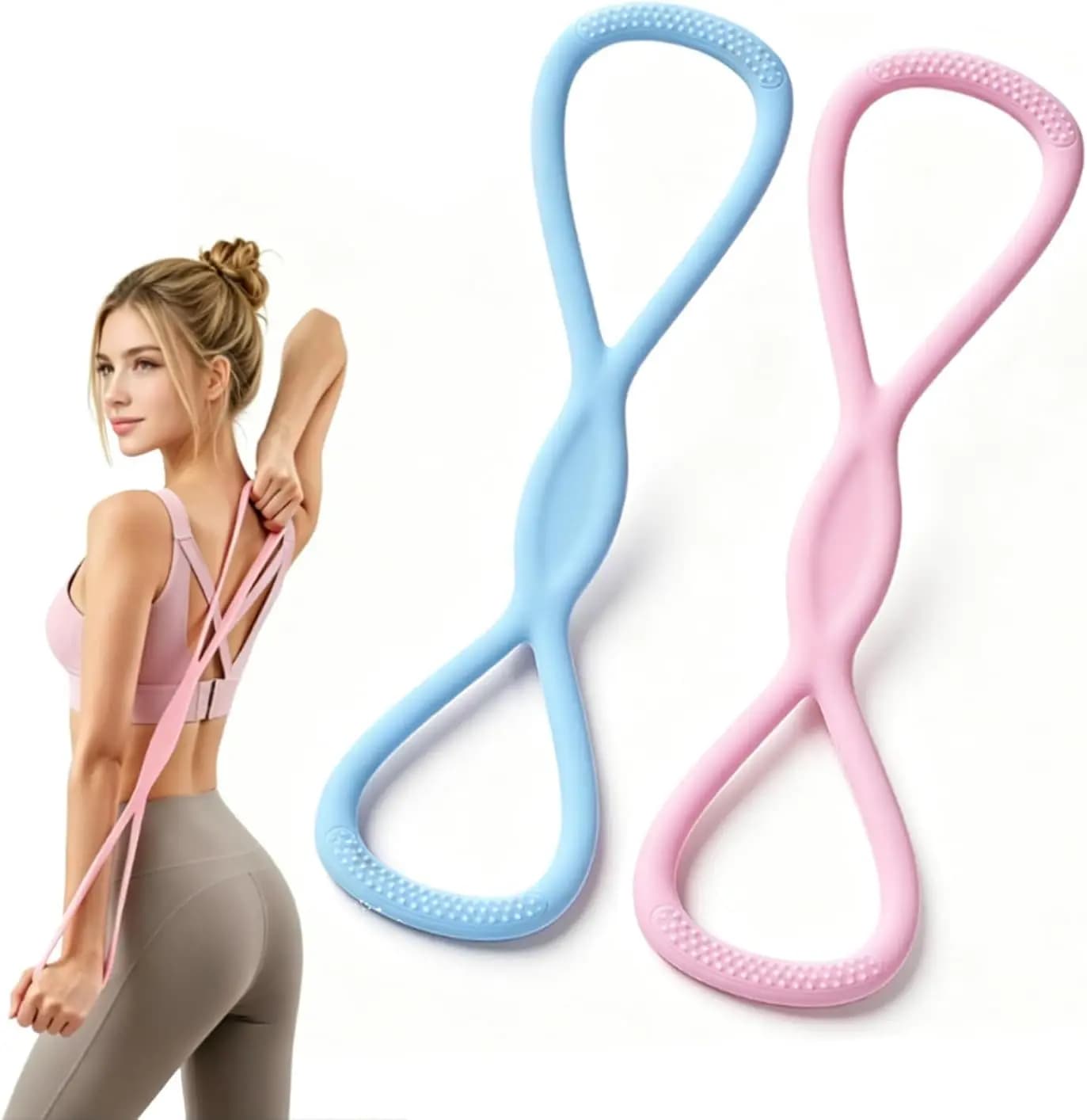 Fascia di resistenza a forma di 8, 2 pezzi, per donna e uomo, con maniglie antiscivolo, in gomma, per stretching di braccia, schiena e spalle (Rosa+Blu)