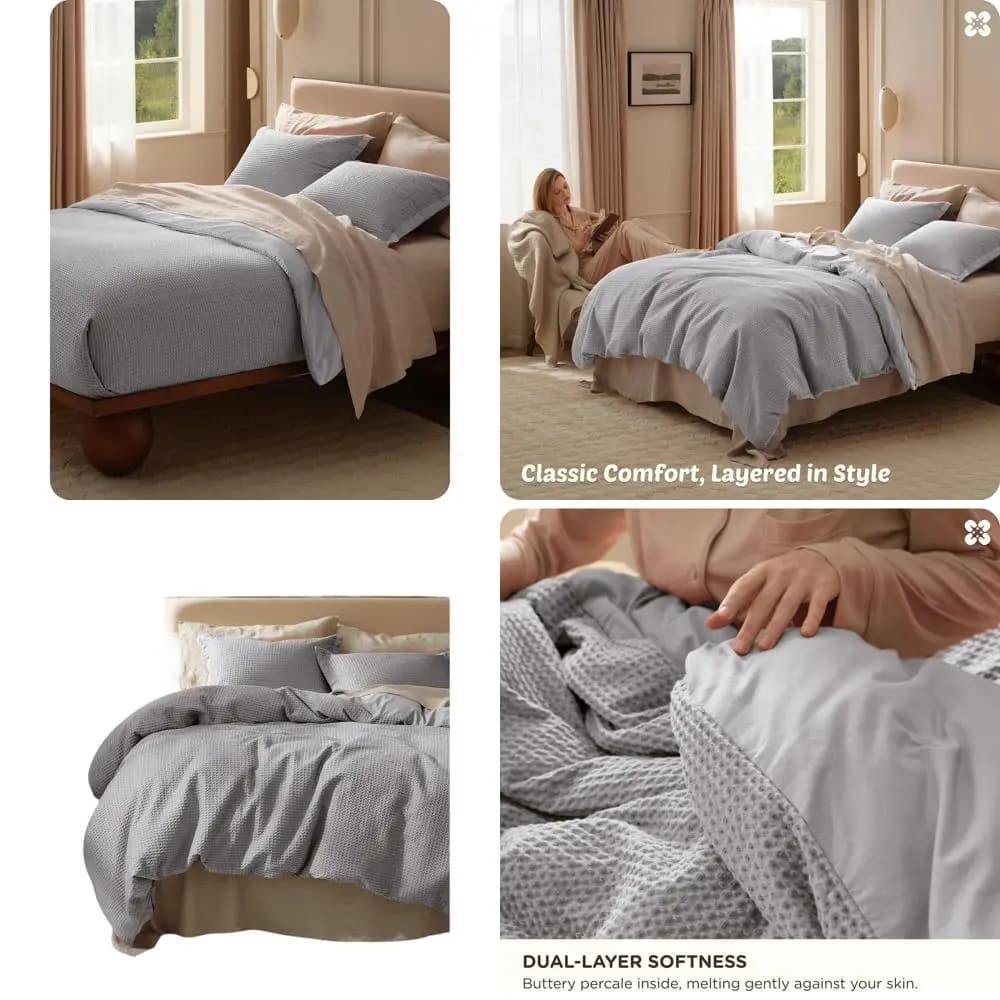Set Copripiumino King Size Oversize in Cotone 100% Grigio, Tessuto Wale, Traspirante, 3 Pezzi, 120x98 Pollici