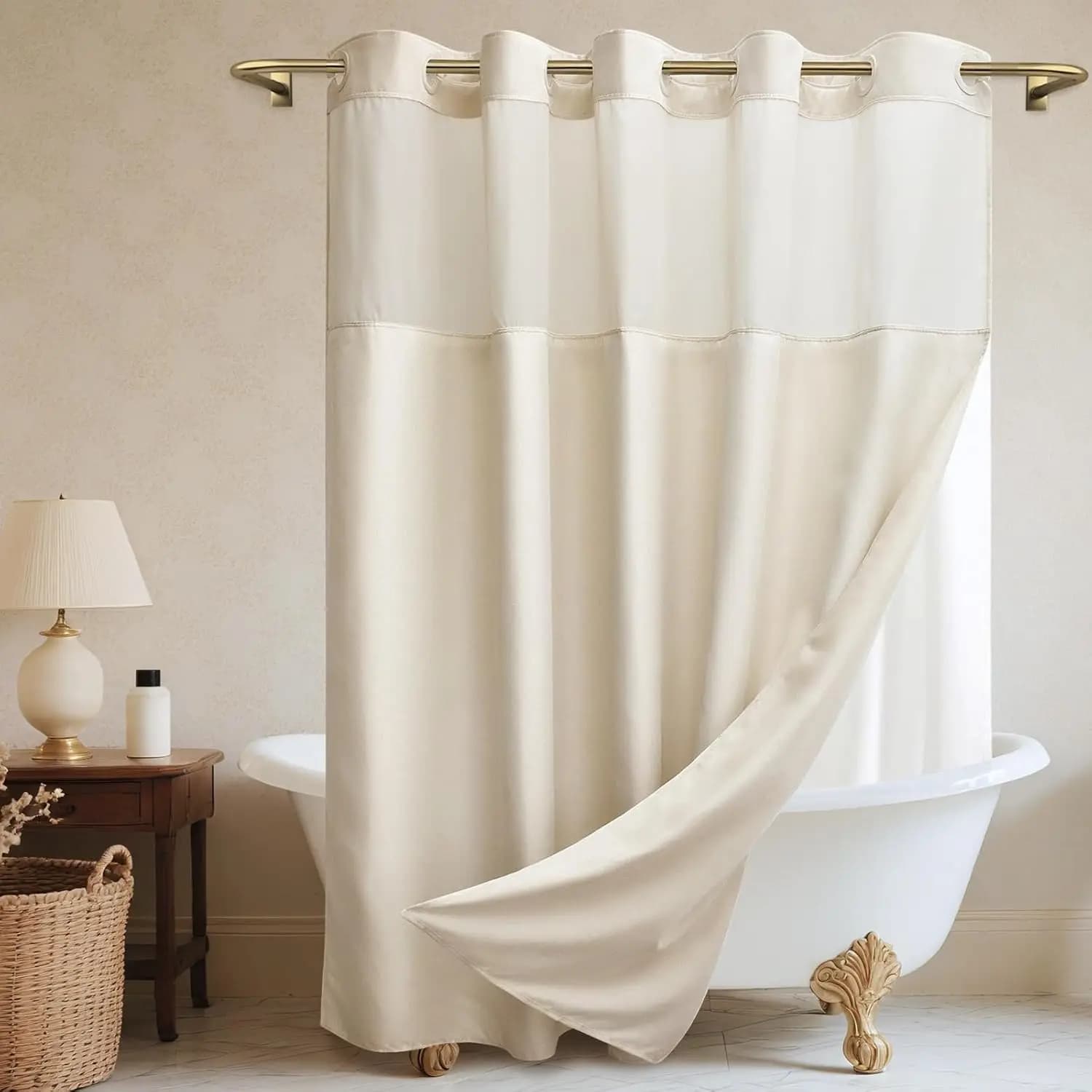 Tenda da Doccia in Poliestere Effetto Lino con Fodera Rimovibile, Impermeabile e Lavabile, 71Lx74A