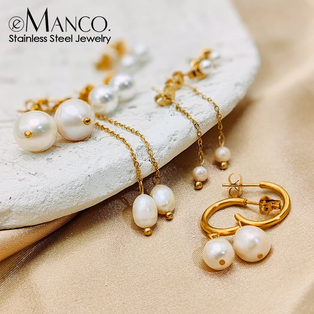 EManco Freshwater Pearl Earrings Stainless Steel Women's Jewelry Chain Drop Pierced Earrings Pearl Jewelry Set Gift Wholesale
