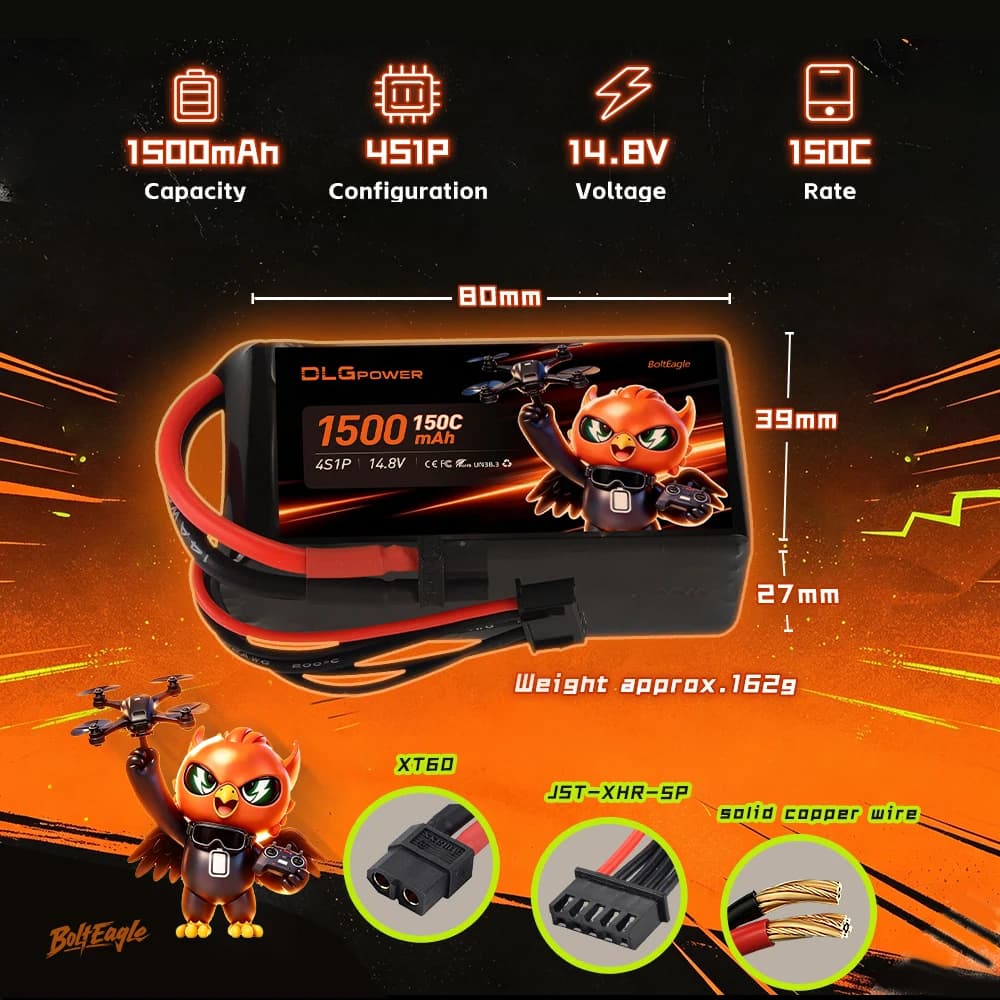 14.8V 1500mAh RC Lipo Battery 6S 150C XT60 Plug for FPV Drone Helicopter Airplane RC Aeroplane Car Evader Quadcopter Truck Boat