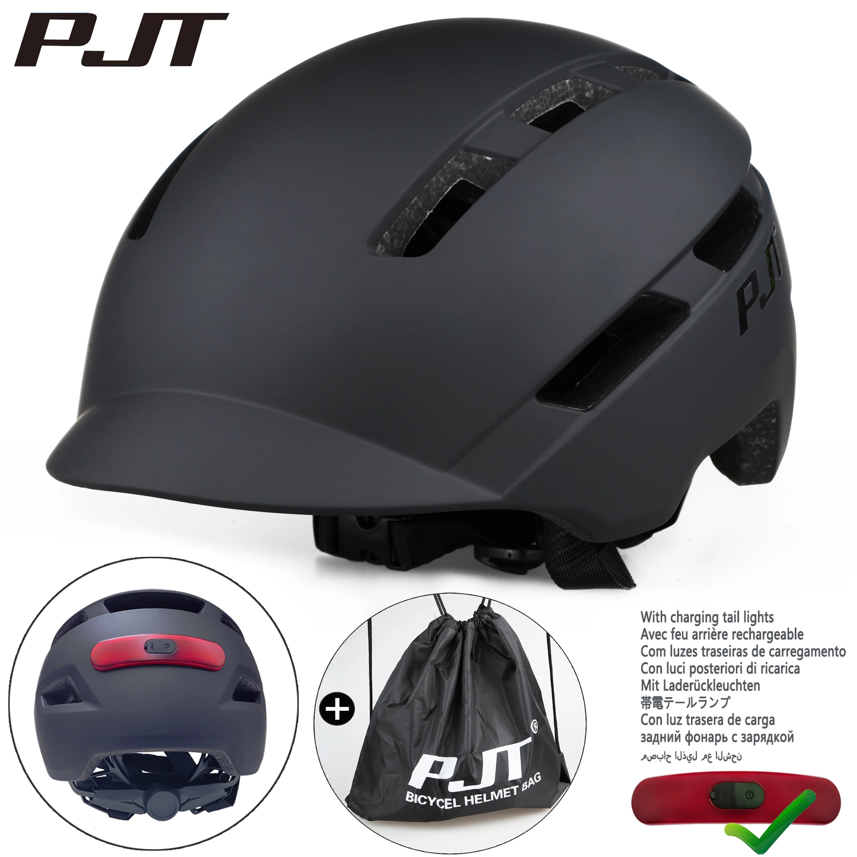 PJT Casco da ciclismo In-Mold Mountain Road Fanale posteriore ricaricabile USB/Caschi Borsa Casco da bicicletta Cappello sportivo sicuro Casco da bici MTB