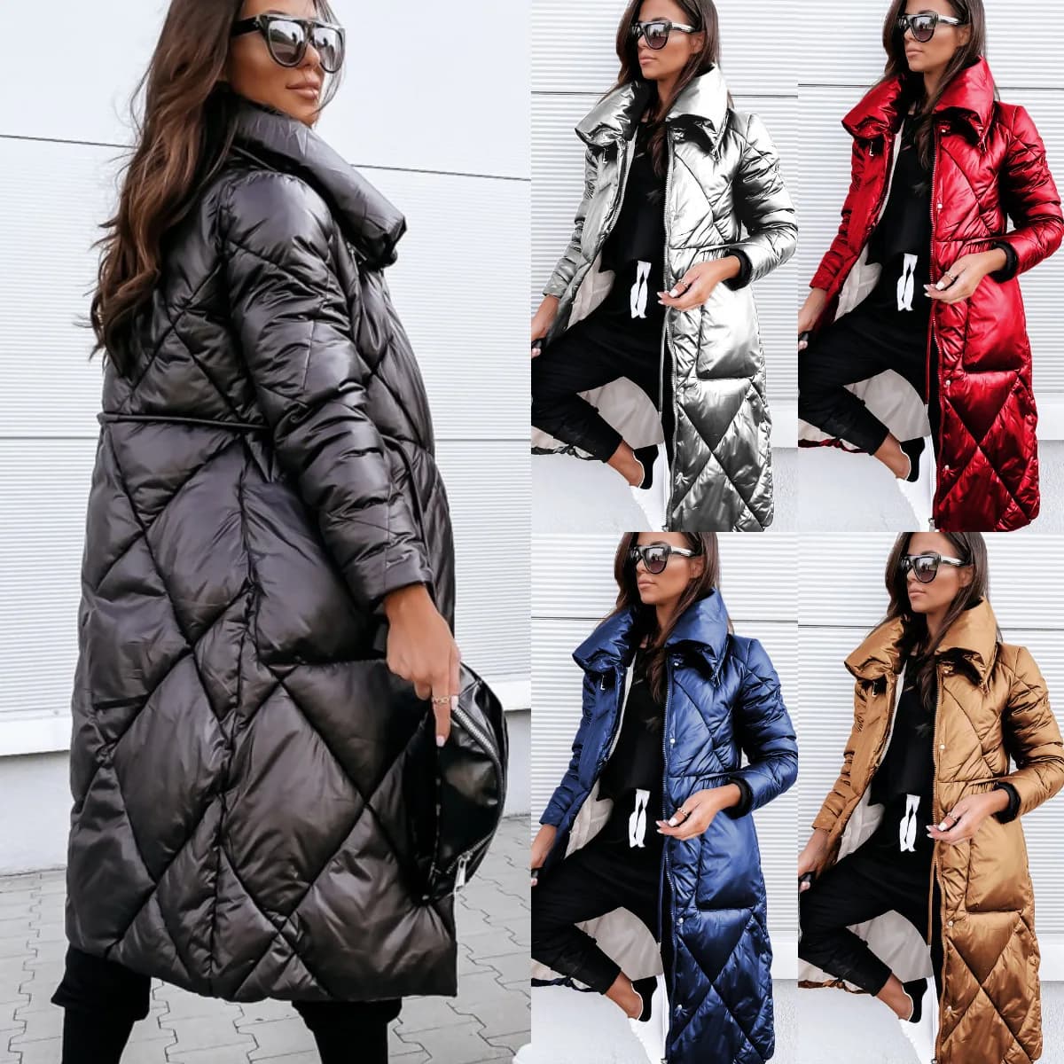 Women's Fashion Metallic Puffer Coat Longline Diamond Quilted, Belted Waist, Stand Collar Warm Winter Outerwear for Street Style