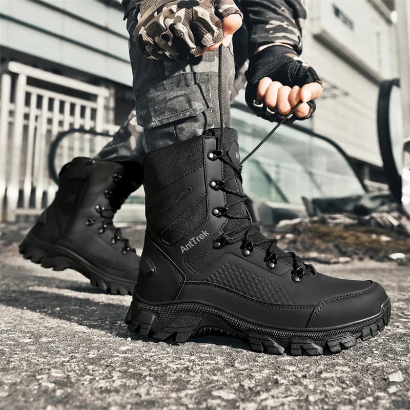 Men's Outdoor High-top Hiking Boots Non-slip Lace-up Outdoor Work Boots Hard‑wearing Sole Resists Sharp‑object Puncture Camping