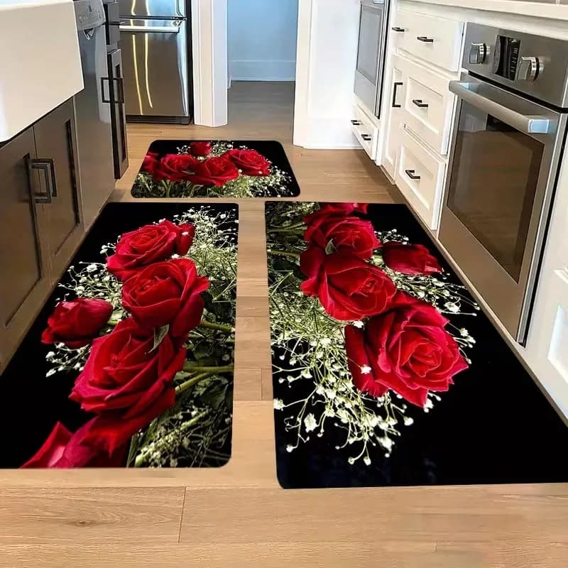 Tappetino da cucina rosa rossa da 1 pezzo, design floreale vibrante per soggiorno, balcone e decorazioni per la casa Tappetino per corridoio ultra lungo San Valentino
