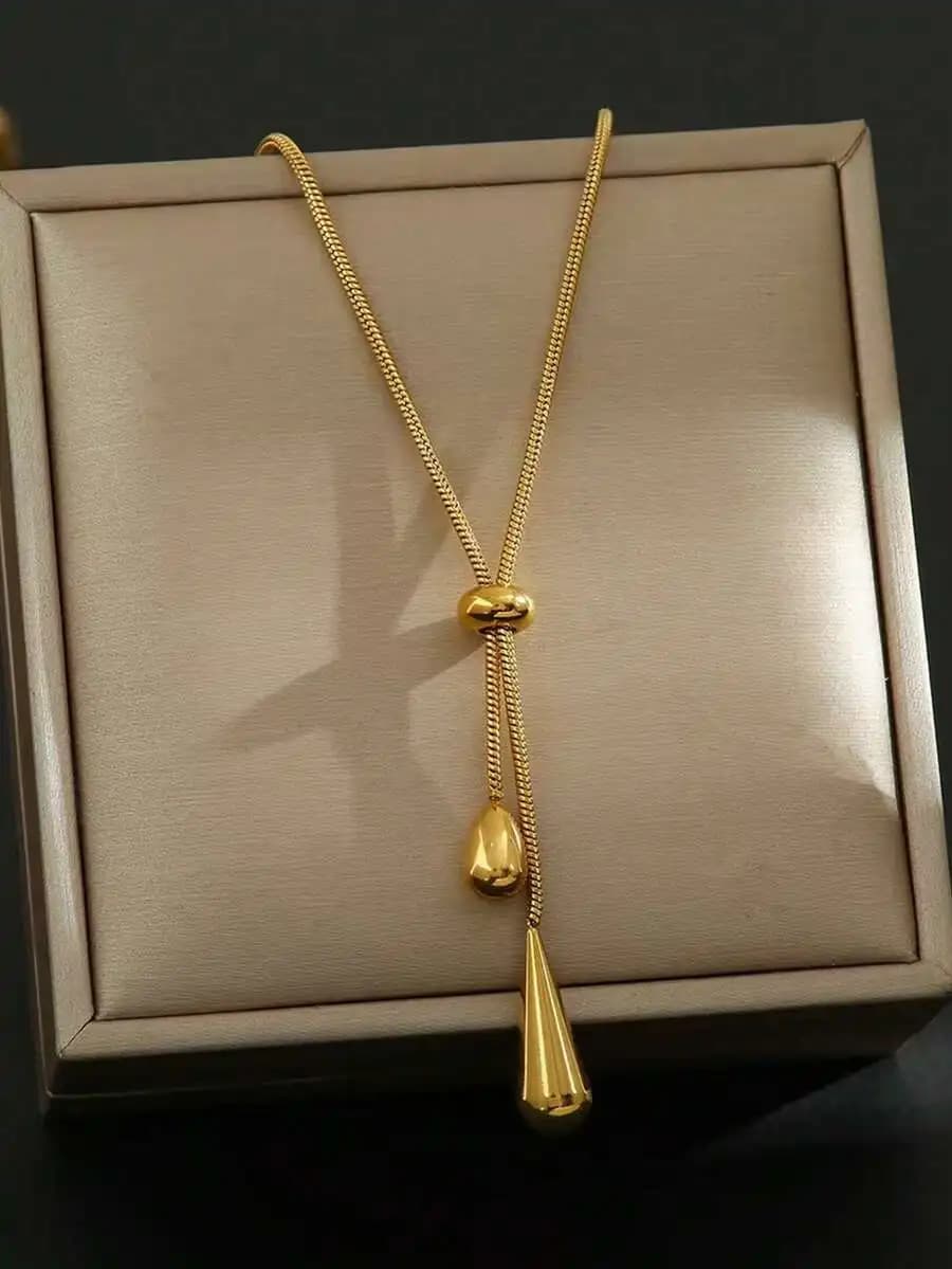 Collana Lunga Regolabile con Ciondolo a Goccia in Acciaio Inossidabile per Donne