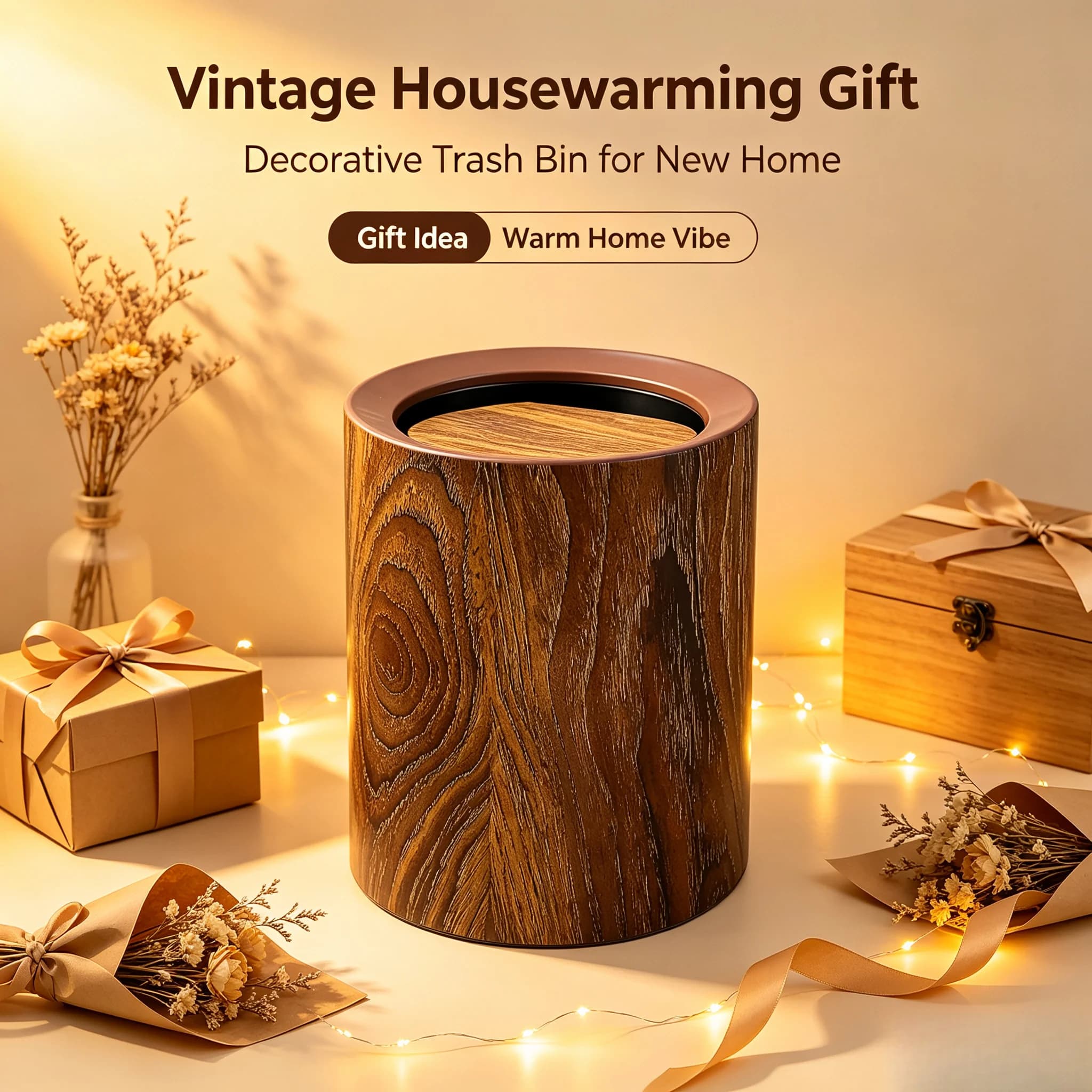Retro Wood‑Look Cylinder Garbage Bin,13L Press Lid Trash Can,Detachable Inner Bucket Easy Clean Decor Waste Basket for Household Apartment
