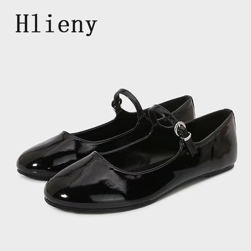 Scarpe Mary Jane da Donna in Pelle Verniciata Nera di Design Hlieny, Mocassini alla Moda con Punta Rotonda e Cinturino con Fibbia, Zapatos De Mujer