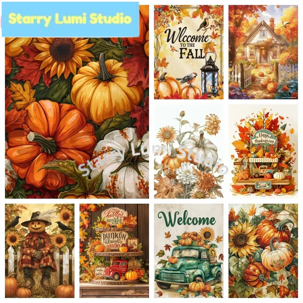 Kit Pittura Diamante 5D Fai da Te Paesaggio Autunnale con Zucca, Ricamo a Punto Croce, Diamanti Completi, Artigianato di Halloween, Decorazione per la Casa, Regalo