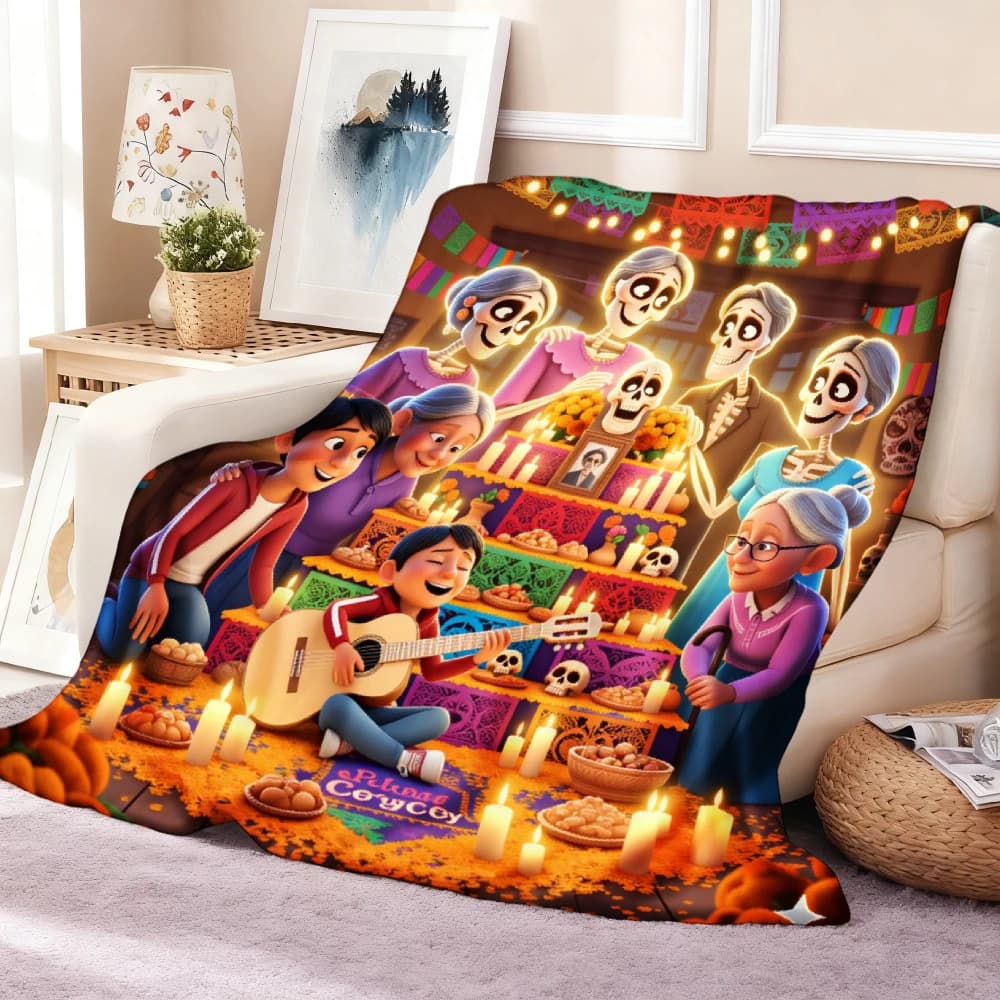 1pc Disney Four Seasons Suitable Flannel Blanket Day Of The Dead Family Scene for Travel, Camping for Living Room, Office Machine Washable
