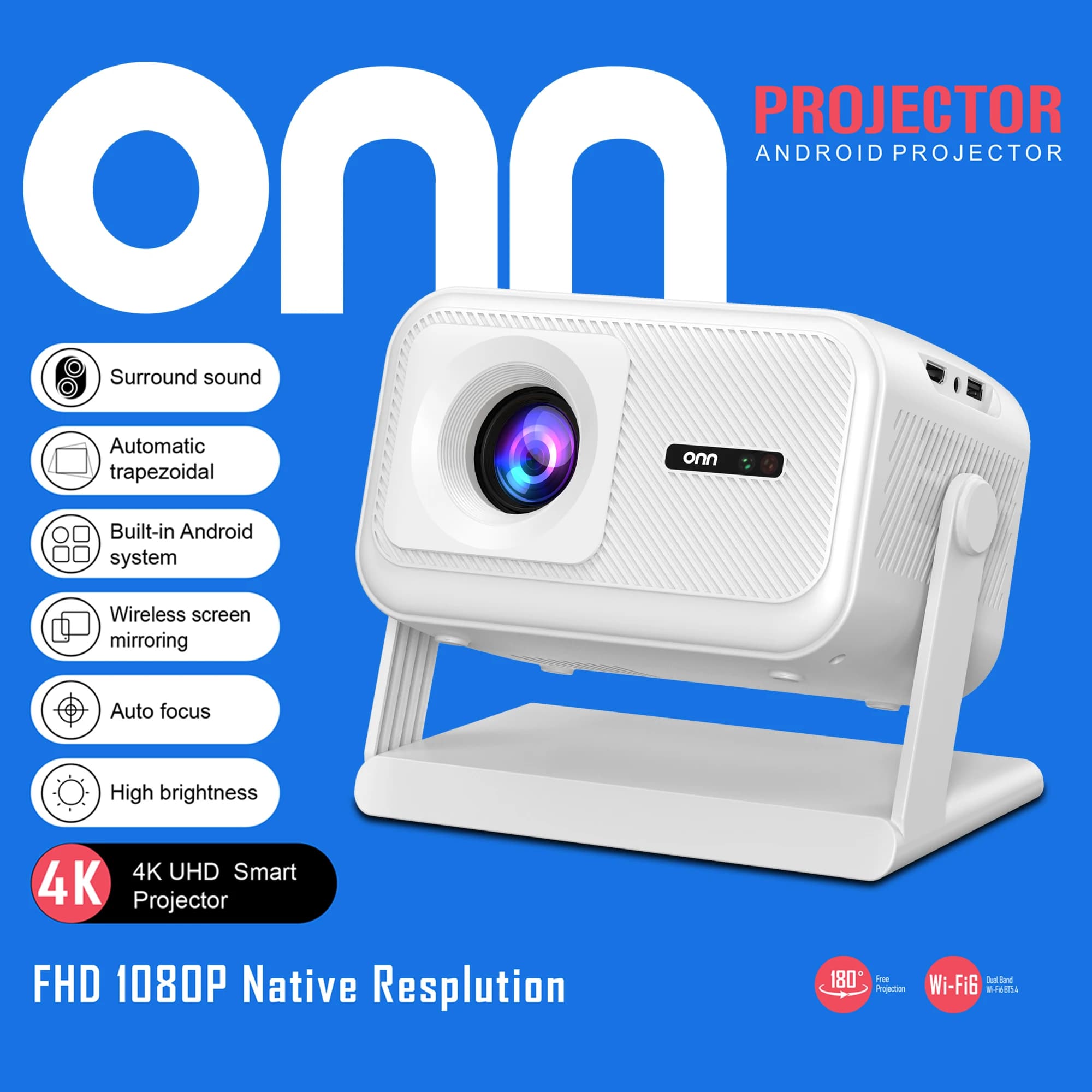ONN 1080P Full HD Projector Android14 System WiFi6 Bluetooth5.4 Auto Screen Alignment Home Theater Outdoor Movie Projector