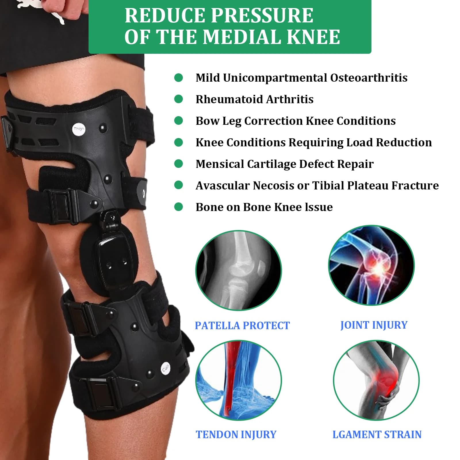 Supporto per ginocchiera incernierata con scarico OA per osteoartrite, artrite reumatoide, dolori articolari e degenerazione