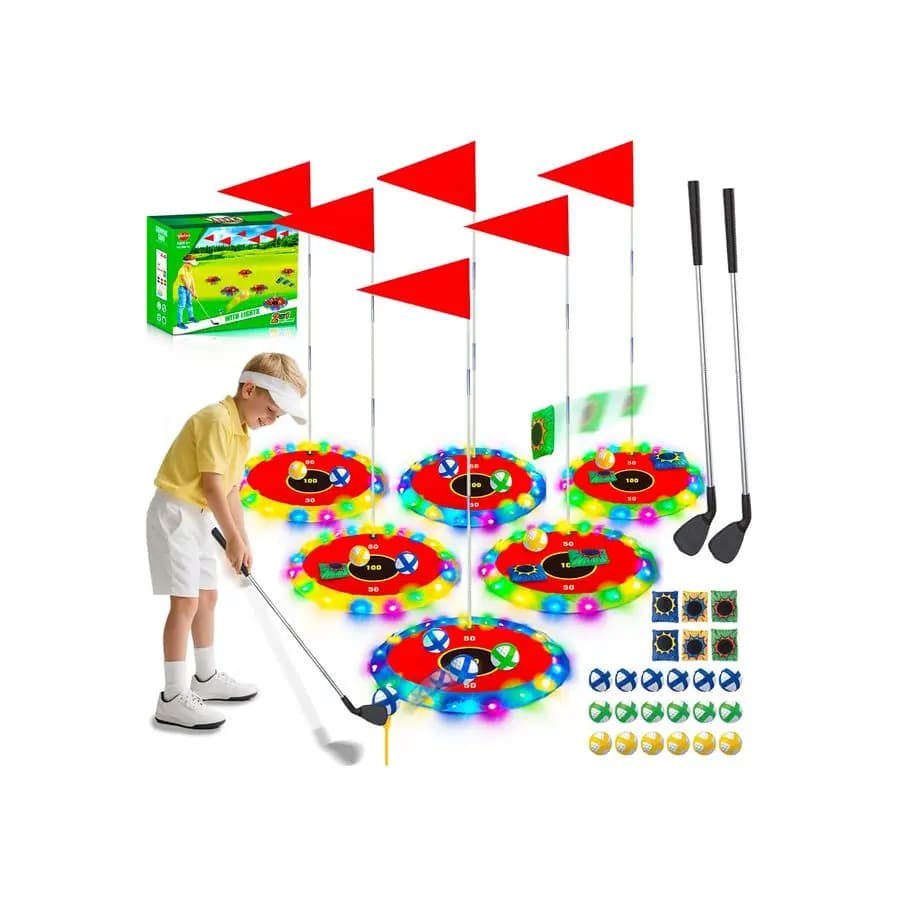 Golf 2 in 1 Luminoso per Bambini, Gioco di Golf e Lancio di Sacchetti con 6 Bersagli LED, 2 Mazze, 18 Palline, per Giocare al Golf di Notte