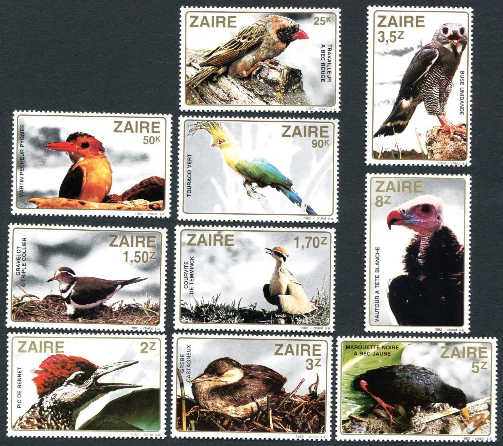 Zaire Post Stamps Postage Year 1982 Birds Eagle Vulture Full Set 10 New MNH Collectible Postage Stamps Material For Scrapbooking