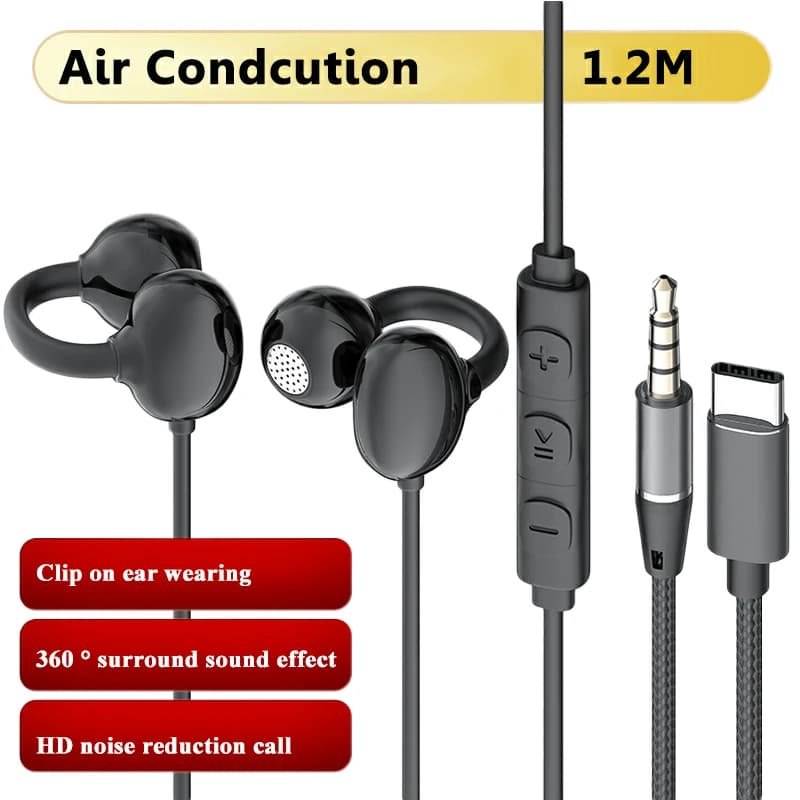 Cuffie a Conduzione Aerea con Clip per Orecchio, Cablate, 3.5mm/Type-C, Audio Hi-Fi, per Gaming e Musica, con Microfono HD