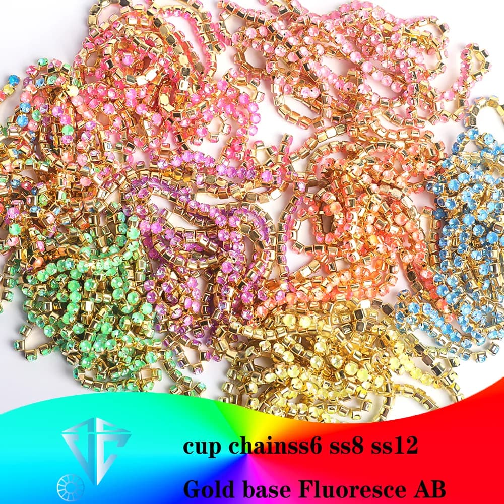 Base in oro VC Fluoresce AB Vetro Cristallo Strass Catena a tazza Cucire su catene chiuse con diamanti Finiture glitterate Cucire sui indumenti