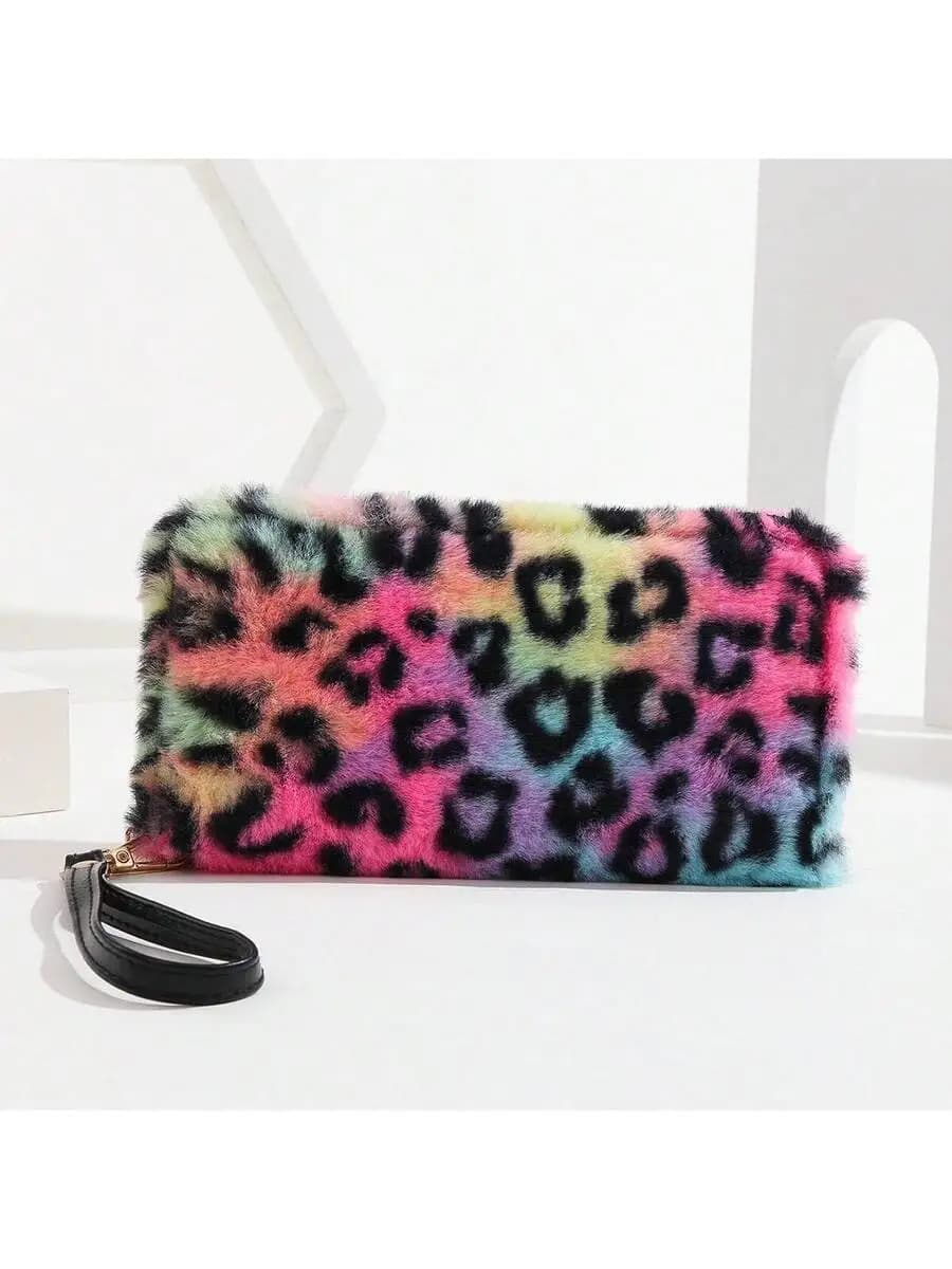 Borsa da polso con cerniera in peluche con stampa leopardata arcobaleno per donna